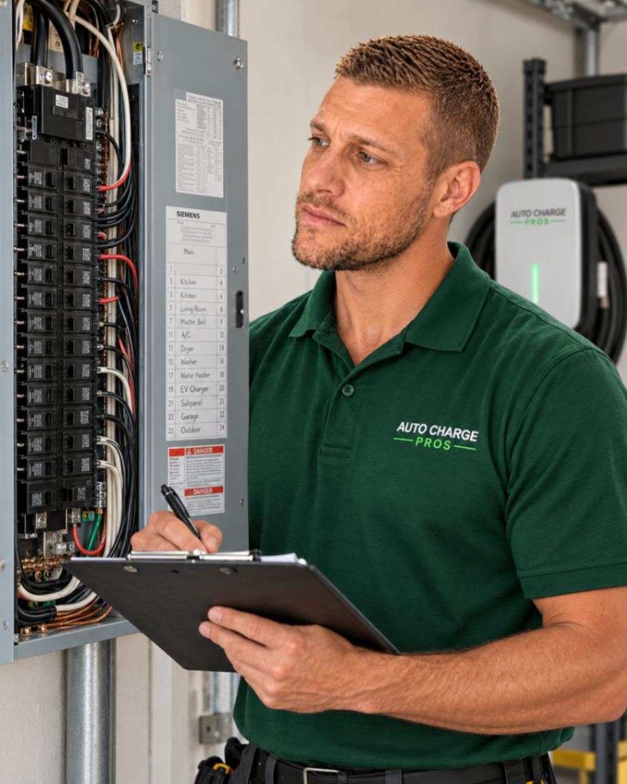 Licensed electrician reviewing an open residential electrical panel while checking a clipboard, with an EV charger on the wall beside him