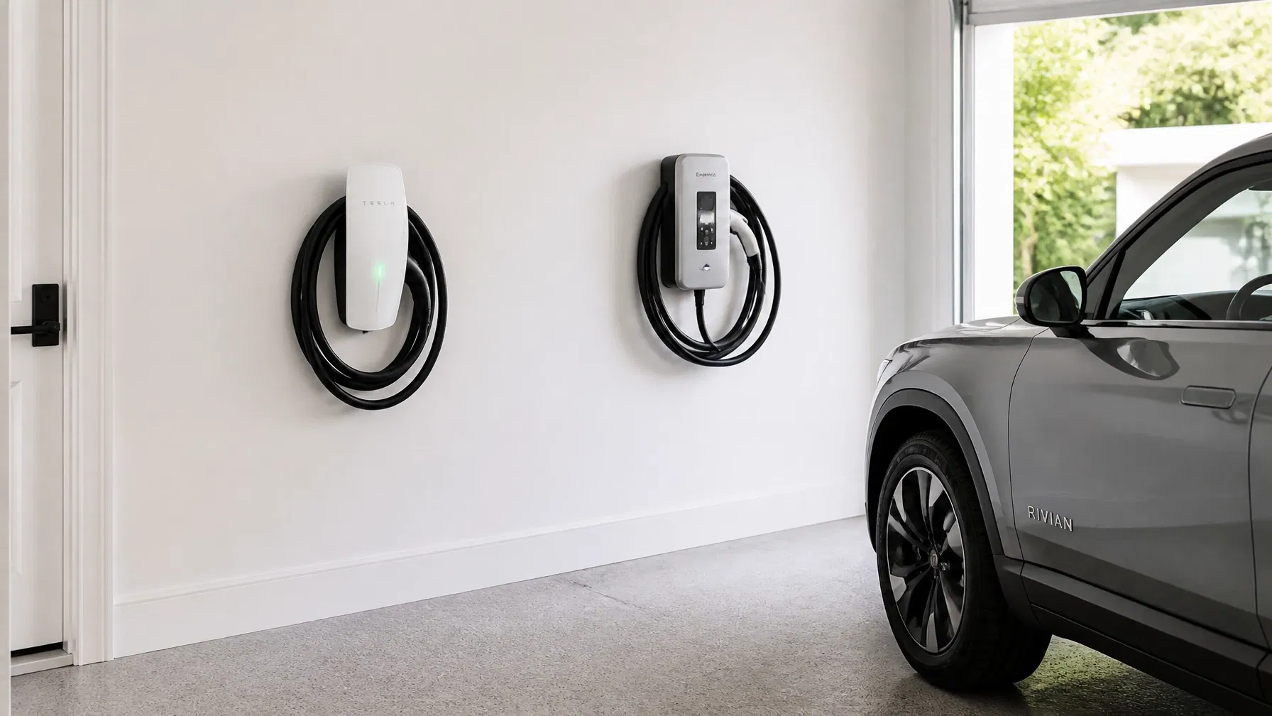 Dual home charging setup in a clean garage with neatly mounted equipment and cable management