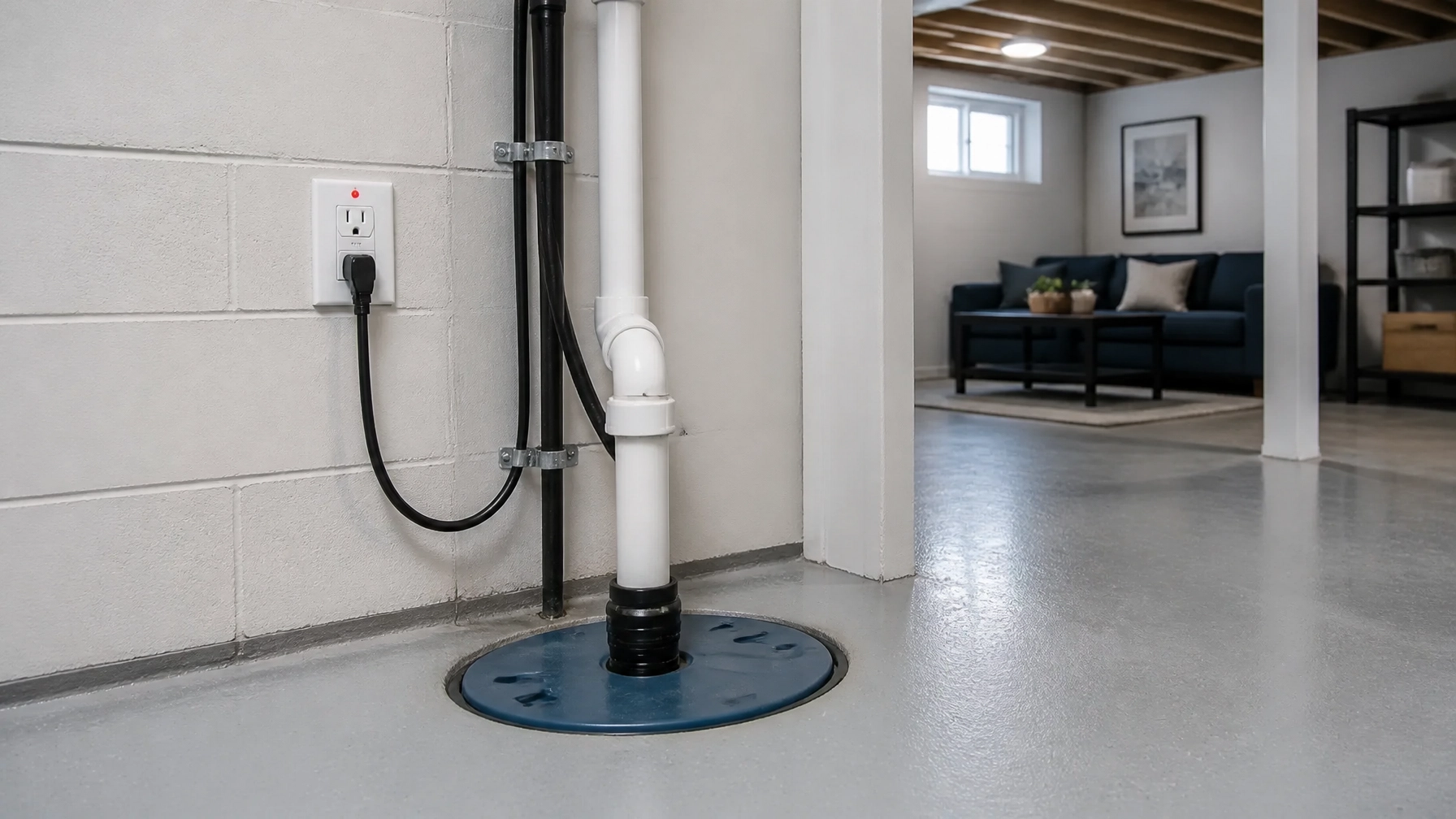 Clean residential basement utility area with a sump pump and audible GFCI protection