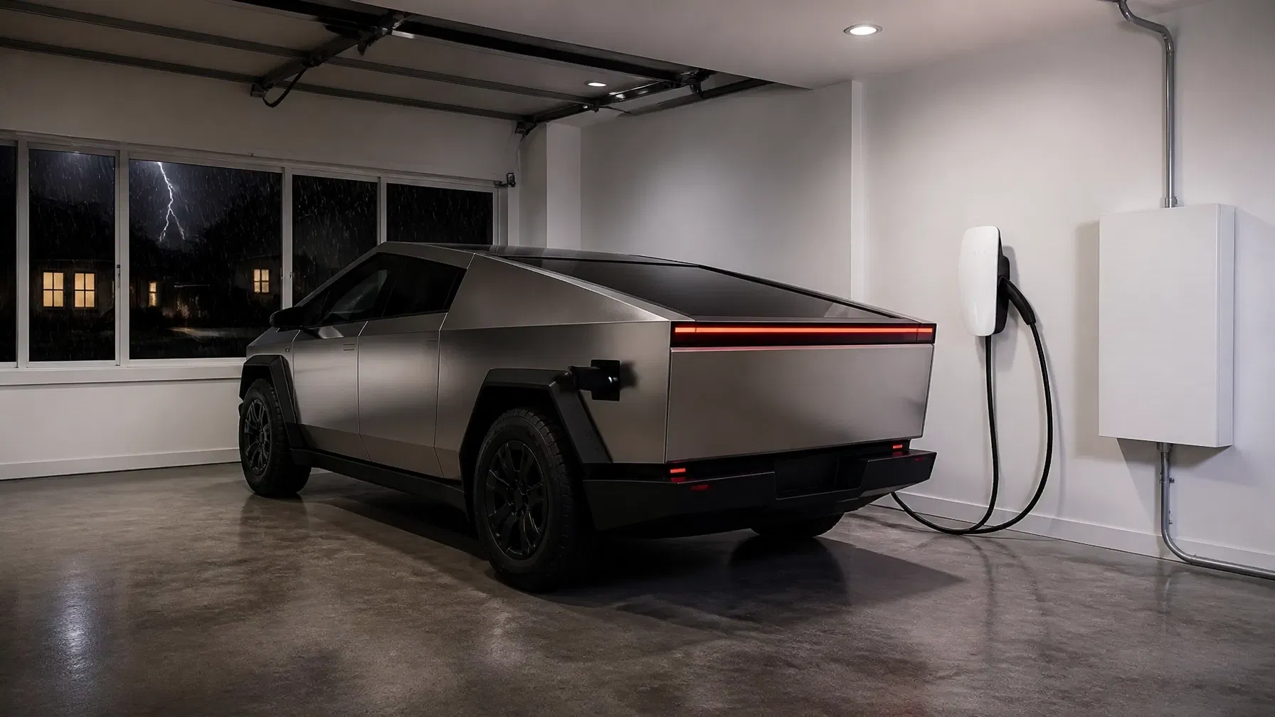 Tesla Cybertruck parked in a residential driveway beside a professionally installed charger