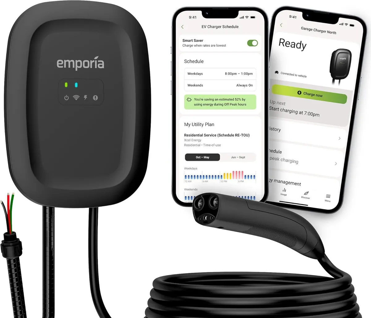 Black Emporia EV charger professionally hardwired in a home garage
