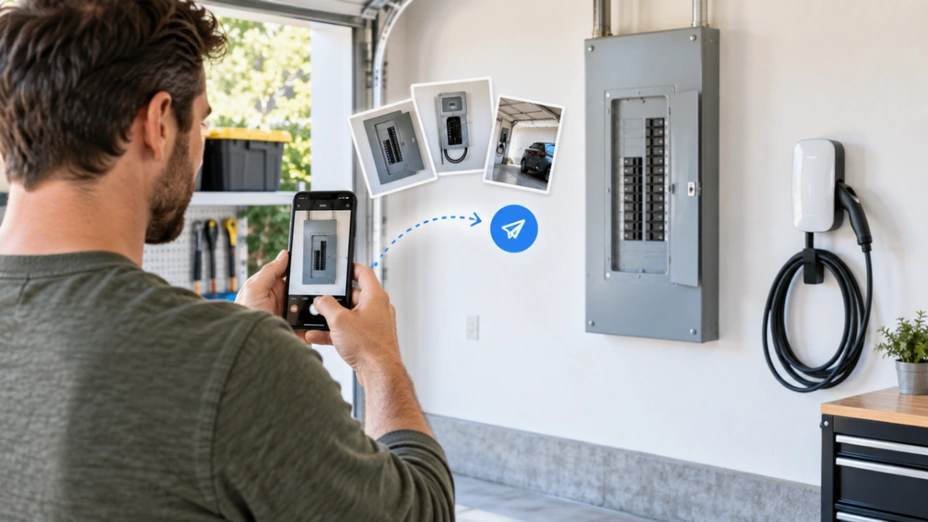 A person photographing an open residential electrical panel with a smartphone in a garage, with a wall-mounted EV charger and a nearby electrical panel, alongside uploaded panel and garage photo thumbnails