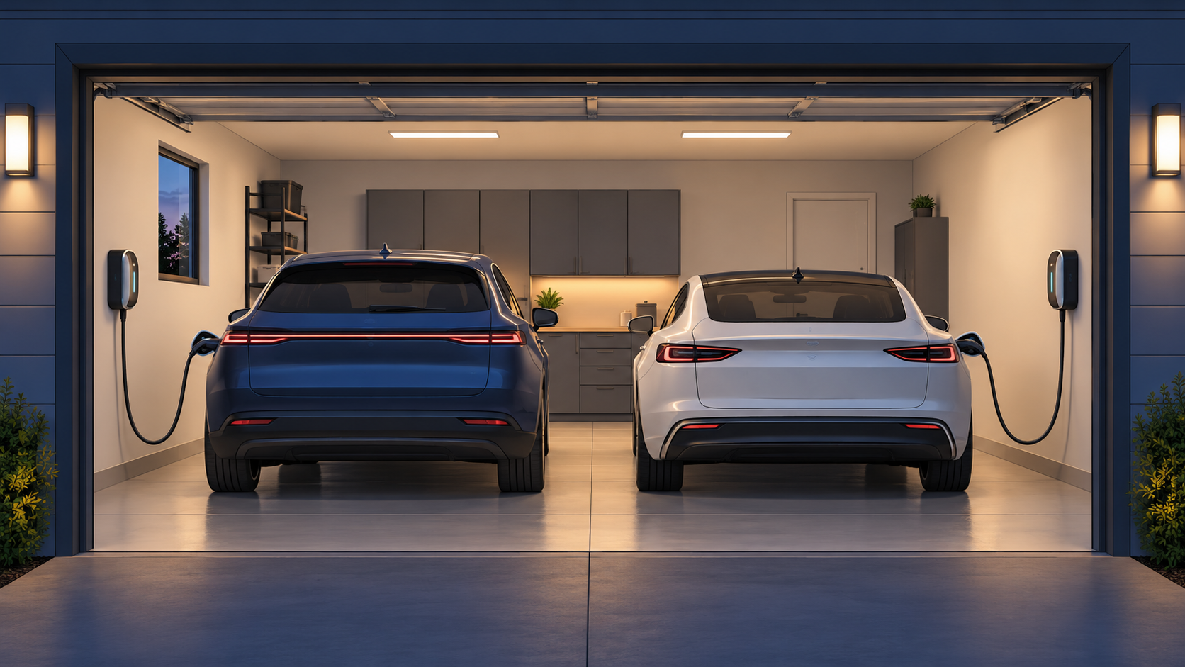Concept illustration of two electric vehicles connected to separate wall-mounted chargers in a two-car garage.
